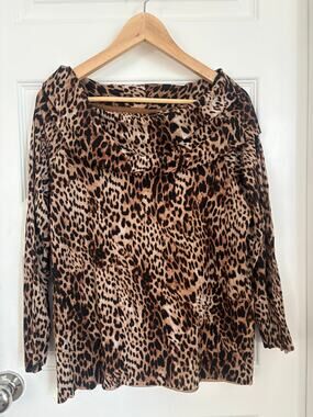 Chico’s Size 2 Leopard Animal Print Cowl Neck Long Sleeve Top Brown Black